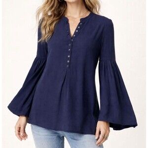 Free People Easy Girl Bell Top Dark Blue Bell Sleeve Blouse Size Medium Boho
